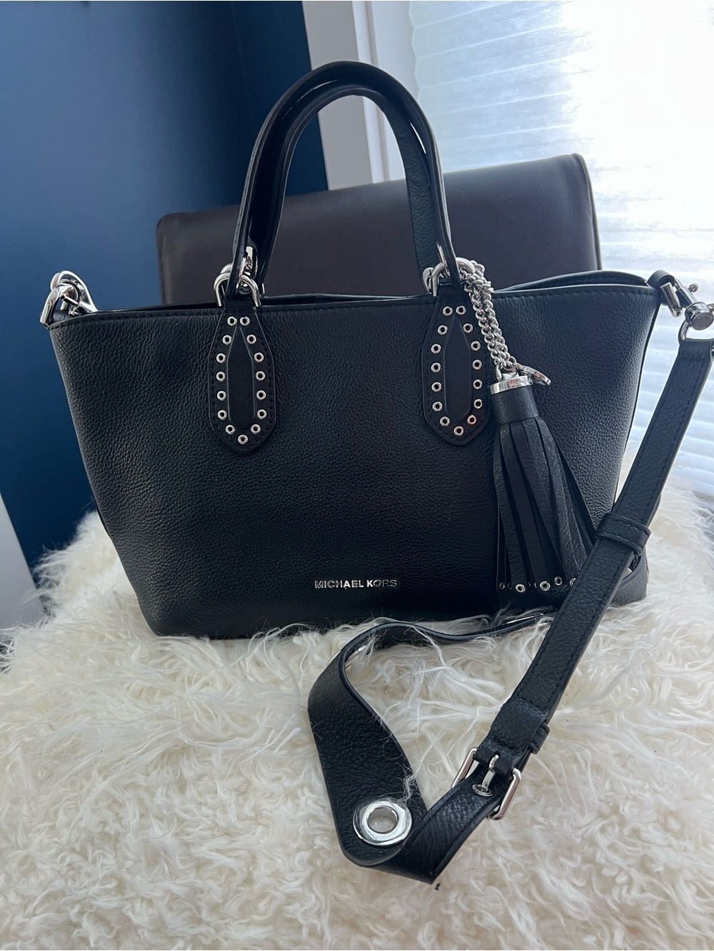 MICHAEL KORS Black Pebble Leather Satchel with Tassel and Shoulder Strap